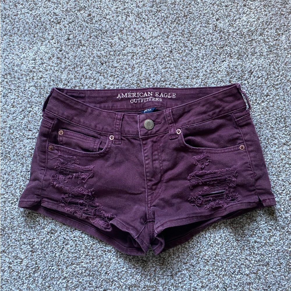 Low Rise AE Burgundy Denim Shorts